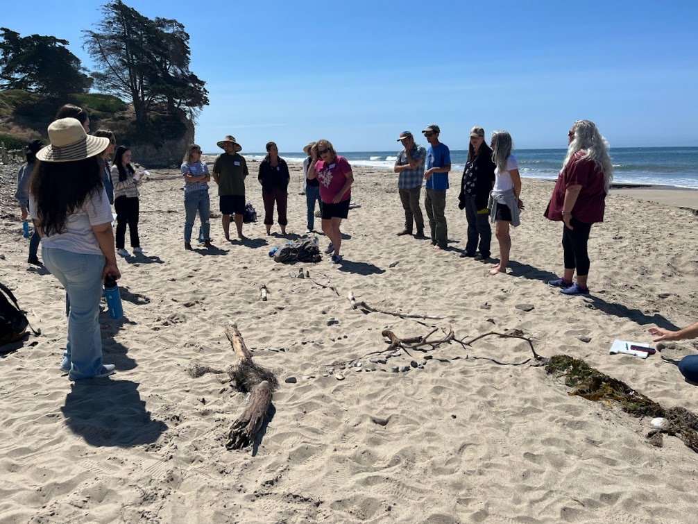 Dani805's tweet photo. K-12 teachers mapping our watershed using found objects and thinking about teaching for environmental sustainability. Professional development on the beach. California Global Education Project.  @GGSEucsb #SDGs https://t.co/C8H3jQaaBw