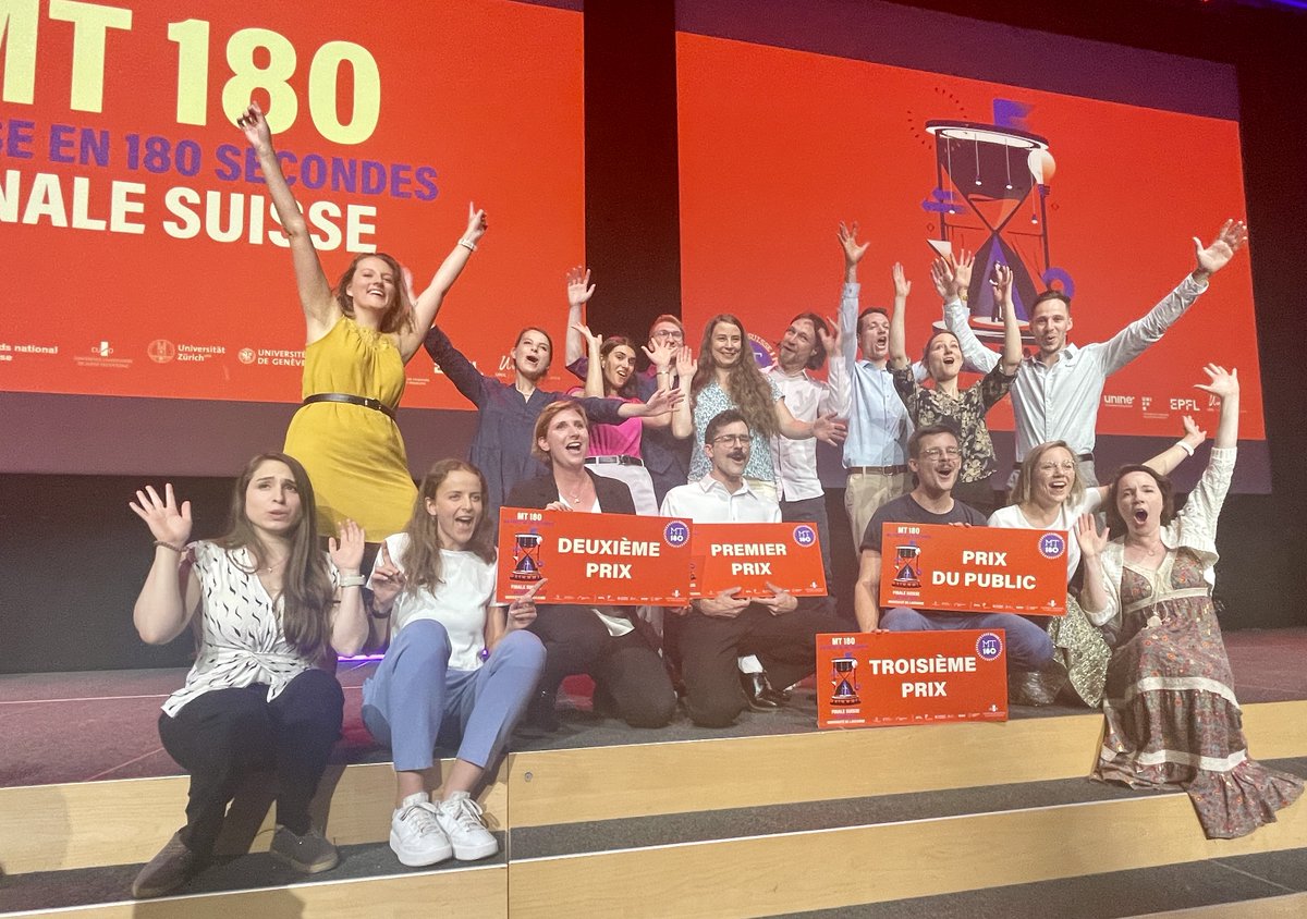 MT180ch's tweet photo. Ce soir a eu lieu la finale nationale #MT180 2023, à l'@unil où 16 doctorant·e·s ont brillamment présenté leurs thèses.
Les lauréat·e·s:
🥇Fabien Carruzzo @CuriosoFabioso @UNIGEnews 
🥈 @CarronCharline @unil
🥉 Arnaud Lyon @arn_si @unil
Félicitations à tous les candidat·e·s https://t.co/Vu4YzTFBdO