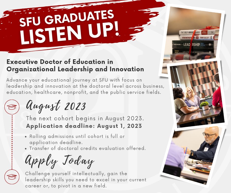 SaintFrancisPA's tweet photo. SFU graduates - our next Ed.D. cohort is right around the corner!! The application deadline is set for August 1, 2023. Don't miss your opportunity to learn more and apply today at https://t.co/U78ebK2HVF. https://t.co/CiZNDJqyQm