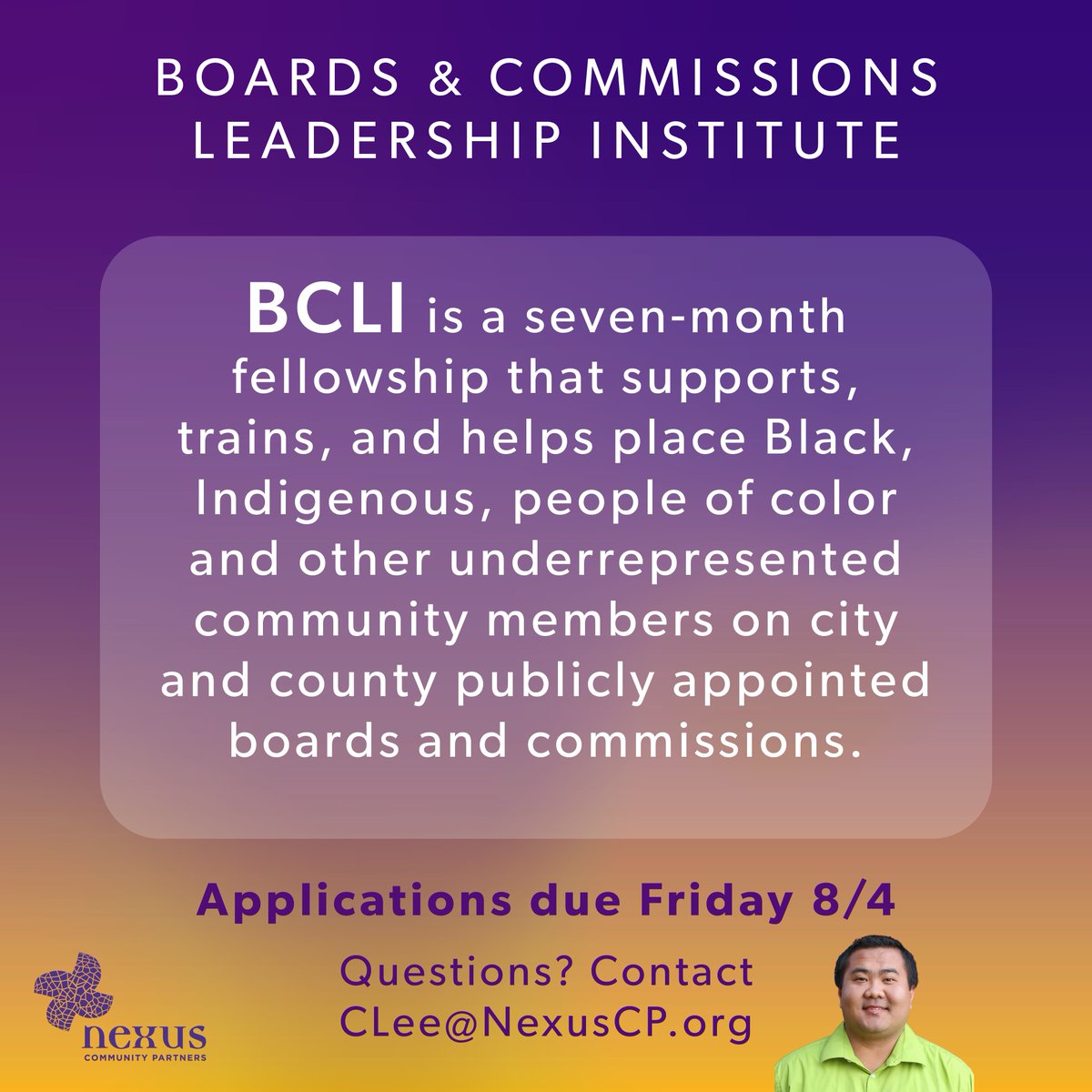 nexuscp's tweet photo. Applications for the Twin Cities Boards and Commissions Leadership Institute are now open! Join the fellowship program for its 11th cohort and be the change agent and equity champion you want to see in the world. https://t.co/xt7hDzBgQp