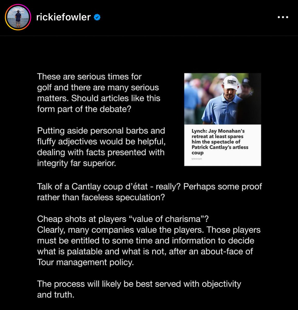 🚨JUST IN: Rickie Fowler has just taken to Instagram to post the exact same thing that Adam Scott posted. It appears professional golfers are rallying to speak out against Golfweek’s Eamon Lynch. 😮