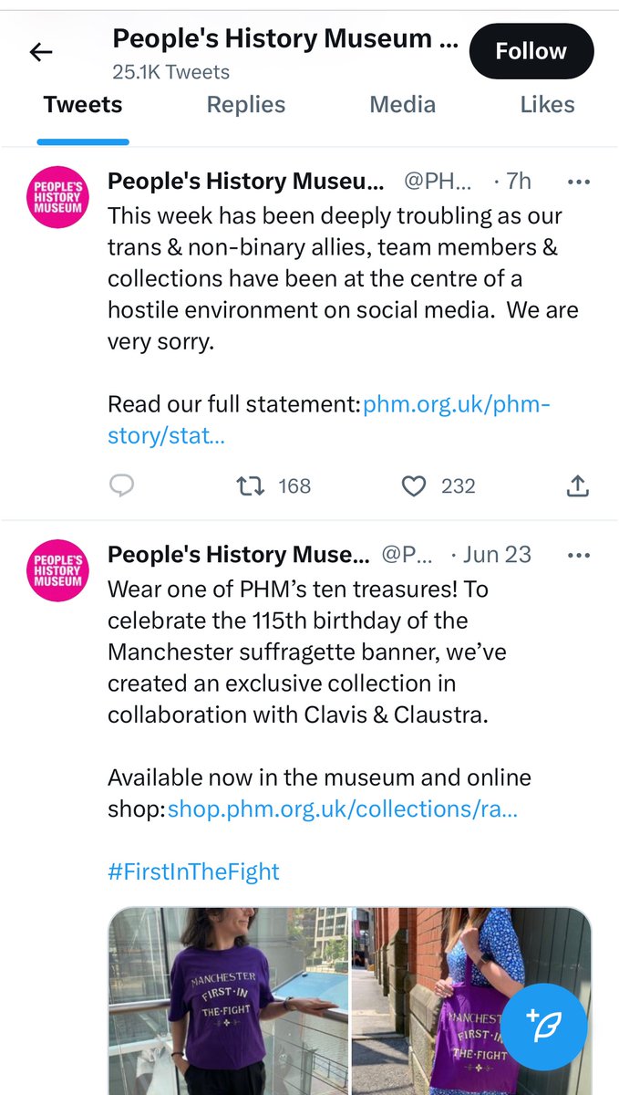 The gross hypocrisy. A tweet hawking Suffragette-themed merchandise followed by a grovelling apology for hosting a group of women who believe that biology matters, especially for women and girls. Get off your knees @PHMMcr, take the lady dicque out of your mouth.