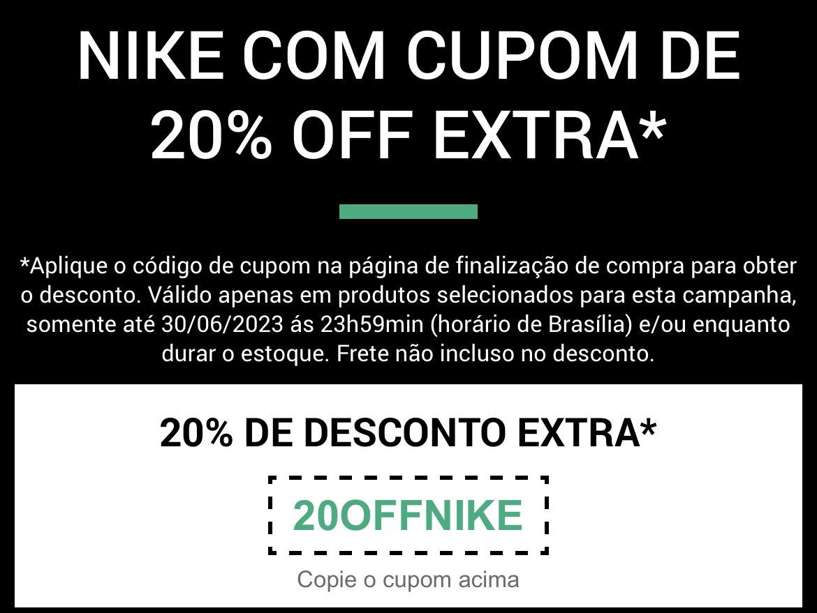 Cupom de 15% de desconto extra em qualquer peça de roupa que já esteja em  oferta - NIKE - Promotop