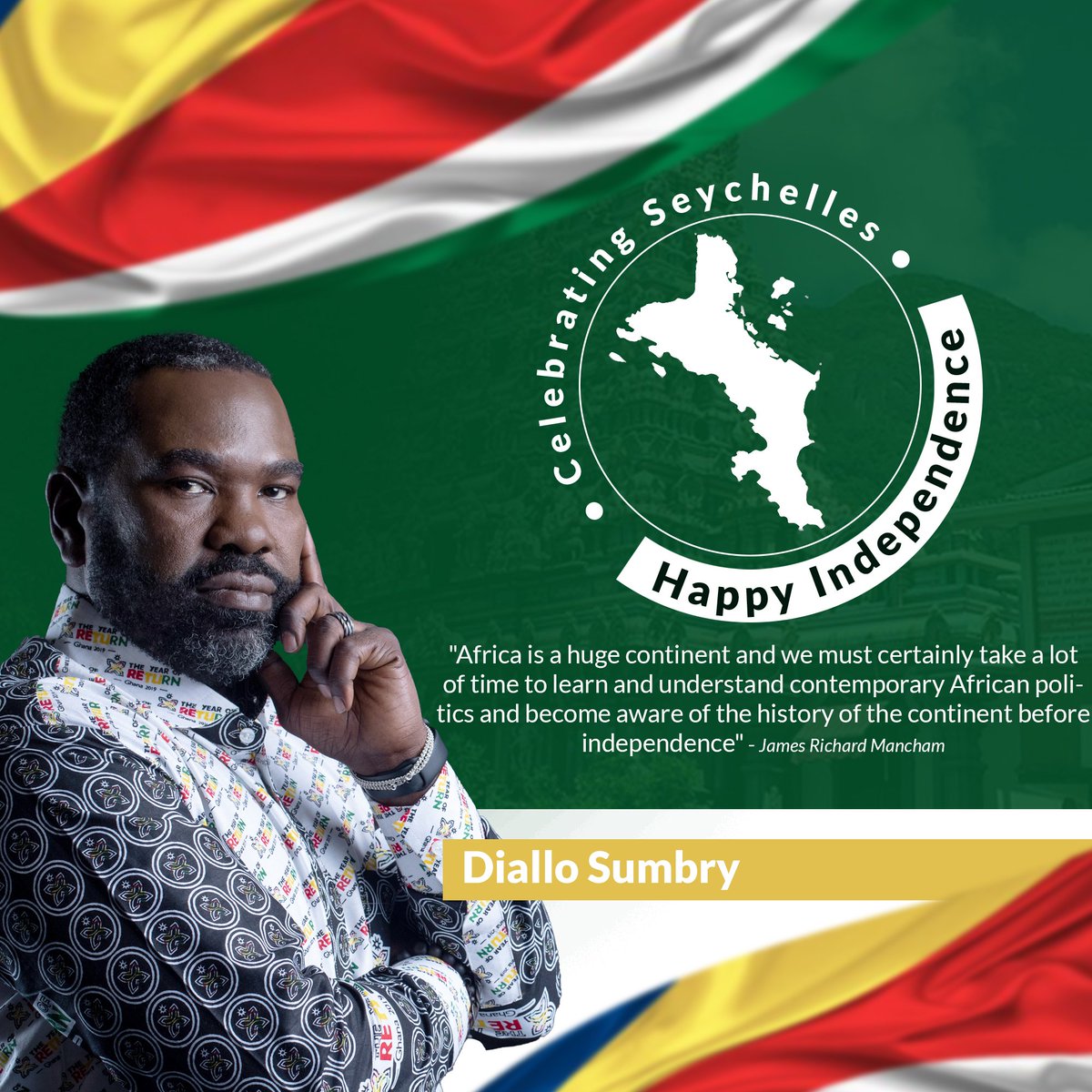 Just like the first President of Seychelles 🇸🇨 James Richard Mancham said, we need to understand the huge continent of Africa in diverse ways. 

Happy Independence Day to the people of Seychelles 🇸🇨

#DialloSumbry #seychelles #happyindependenceday
#Africa #africadiaspora