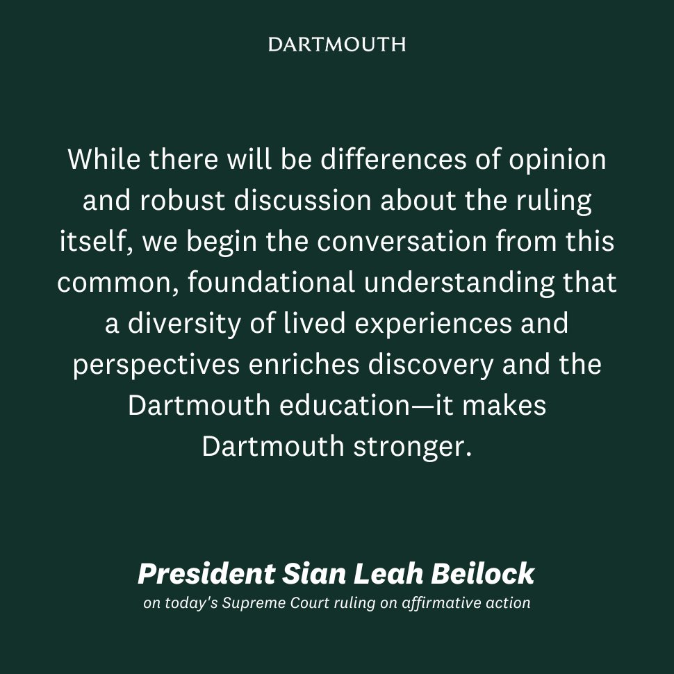 Dartmouth 🌲 (@dartmouth) on Twitter photo More from President <a href="/sianbeilock/">Sian Beilock</a> on today's ruling by the Supreme Court: bit.ly/3r01T5U More from President <a href="/sianbeilock/">Sian Beilock</a> on today's ruling by the Supreme Court: bit.ly/3r01T5U