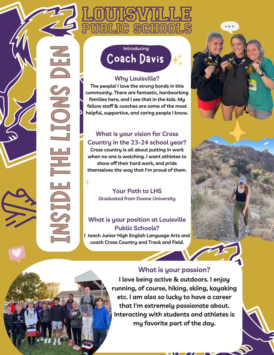Taking a look inside the Lion's Den! As the summer progresses, we would like to highlight our fantastic teachers, coaches, and sponsors. Jacinda Davis lives what it means to be a Lion and we are so thankful to have her be a part of our school! #PurplePride