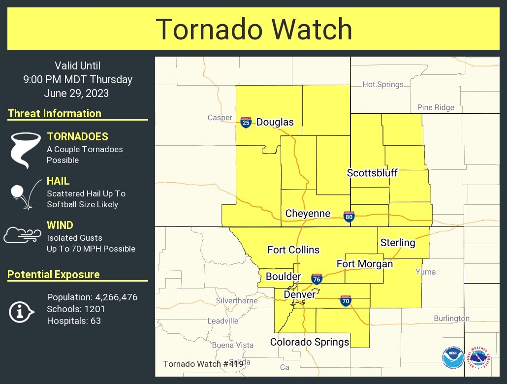 A tornado watch has been issued for parts of Colorado, Nebraska and Wyoming until 9 PM MDT