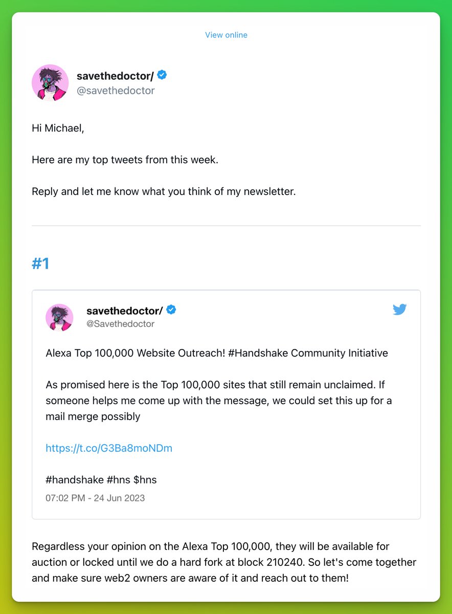 InsiderEmail's tweet photo. The first beta tester newsletter — built with @InsiderEmail — went out yesterday. 🎉

Follow @savethedoctor for information on Handshake, Web3, AI, and Tech. https://t.co/0HECLYOca7