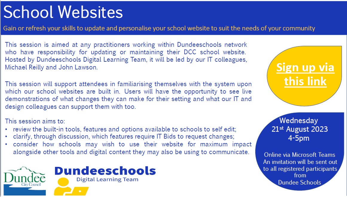 DigiLearnDundee's tweet photo. #DundeeLearning schools, are you looking for support in updating your school websites in the upcoming academic year? If so, this session on our websites may be of interest.
Details in the poster and sign up via the DigiLearnDundee site. https://t.co/maRjr8eQFr
#DigiLearnDundee https://t.co/GFXsZzlNtL