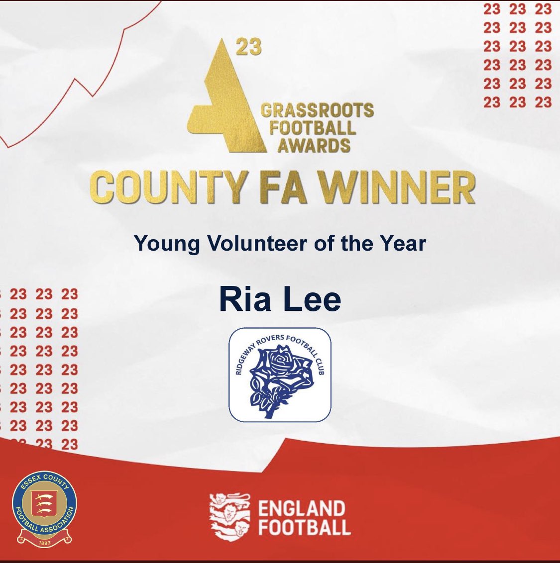 Read our good news article on our website. Congratulations to Ria Young Volunteer of the Year @EnglandFootball ridgewayrovers.org.uk/news/congratul…