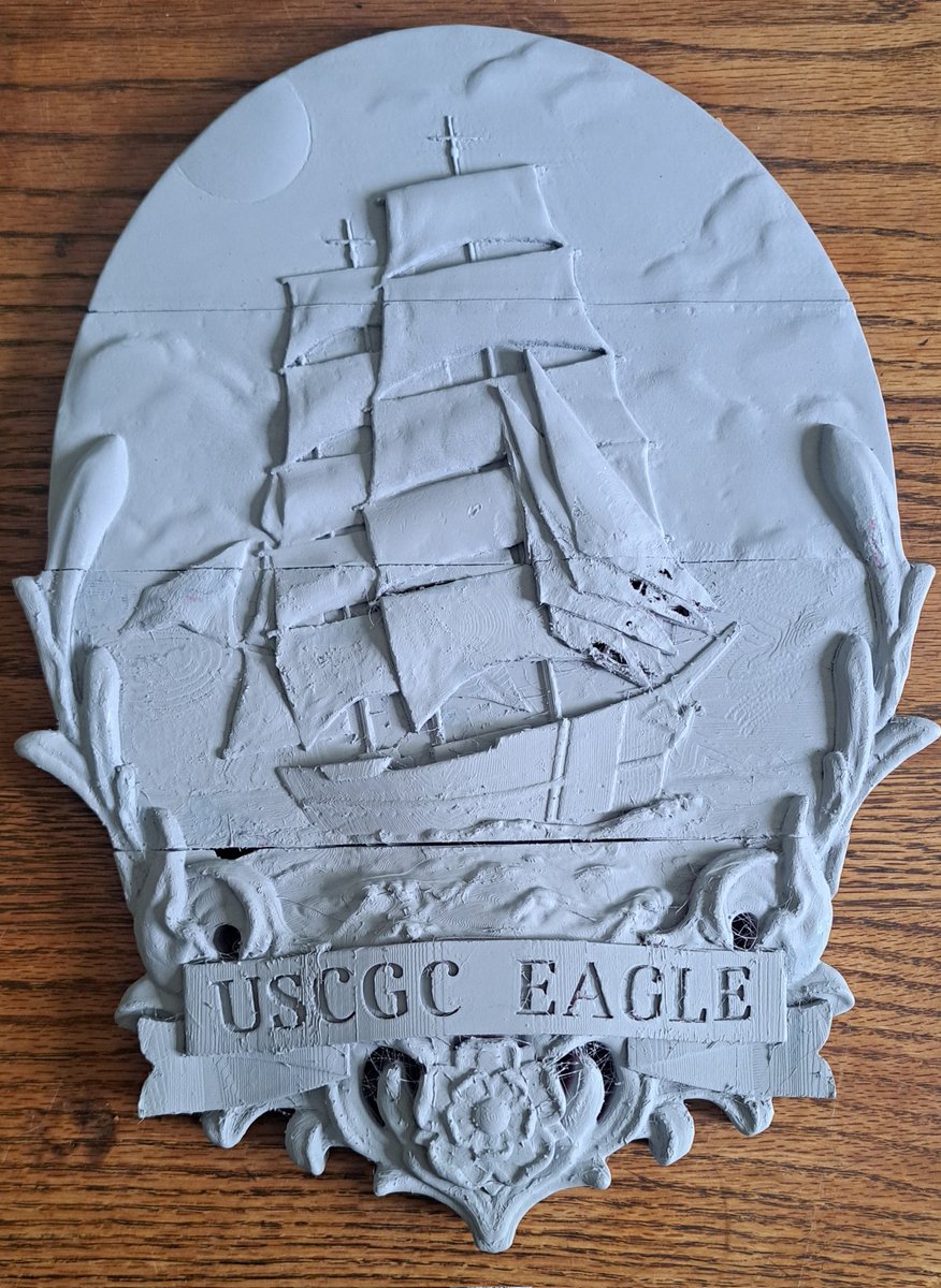 On to filling and sanding. 
#3dmodeling #3dprinting #blender 
#tincupsigns #smoothon #monsterclay #ramaterials #siliconemold #moldmaker #resincasting #plasterart #reliefcarving #basrelief #tallship #sailing #sailingart #sailinglife #scalemodel #scalemodelkit #plasticmodel