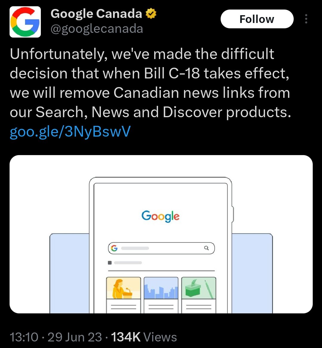 covid_parent's tweet photo. I'm so glad that Bill C-18 has caused Google to remove access to news and information from Canadians.

We shouldn't be allowed to do our own research, we should just listen to whatever the Government tells us. https://t.co/PKzyn6DsWQ