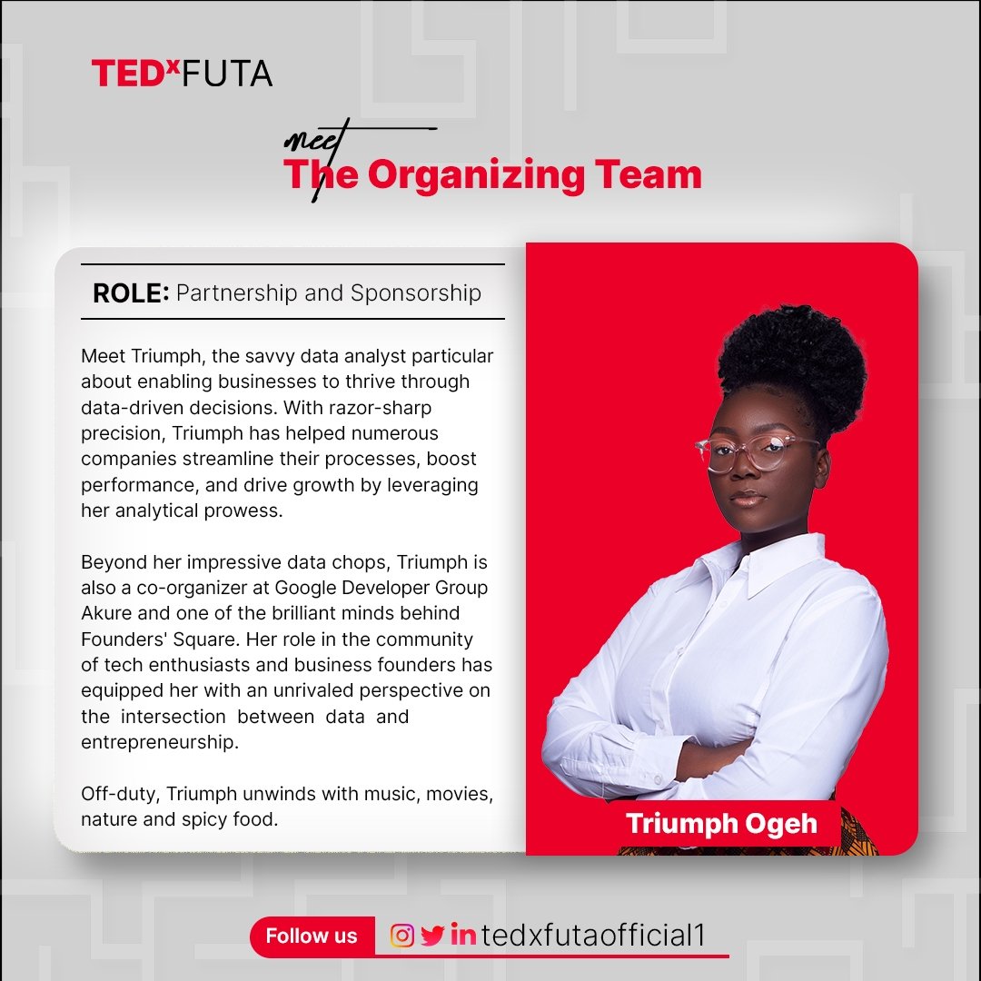 Tag someone you know who can't wait to meet our incredible team in the comments below. 

#TEDxFUTA #MeetTheTeam #InspiringIdeas #UnleashPotential
#tedxfuta #ideasworthsharing #tedxtalks #knowledgesharing #Innovations