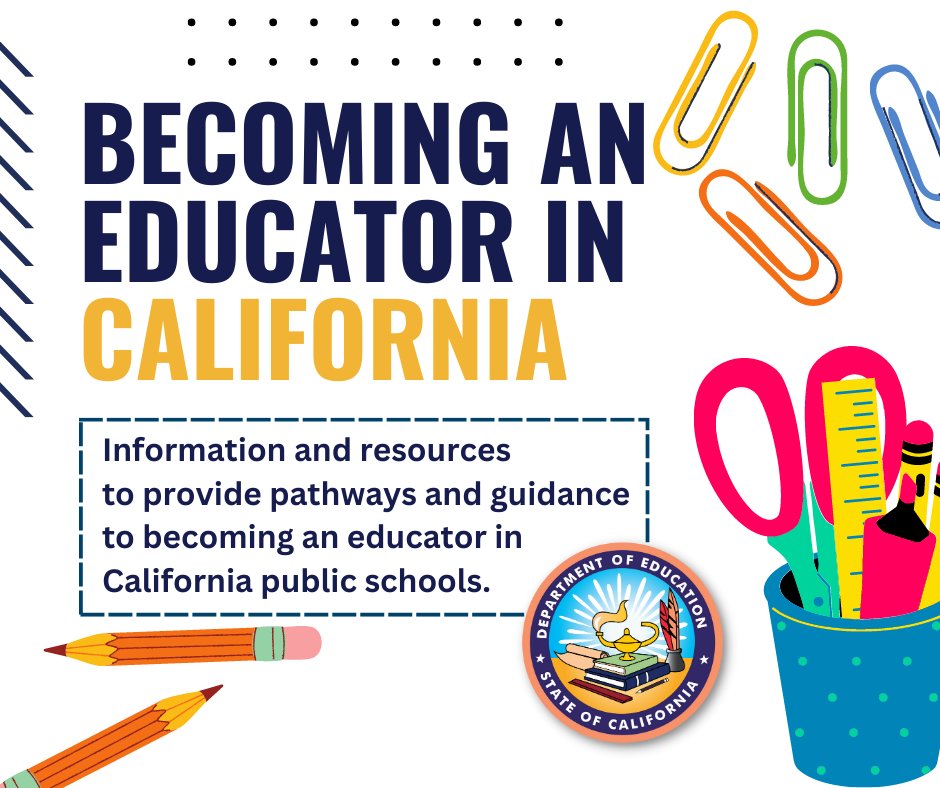 CA Department of Education (@cadepted) on Twitter photo Start the path to becoming a CA educator today! There is a $20,000 scholarship and support programs for anyone who wants to #TeachInCA.
📞 Call 916-322-3051
📧 Email TeachInCA@cde.ca.gov.
Visit the CDE’s Becoming an Educator web page for more: cde.ca.gov/ci/be/index.asp Start the path to becoming a CA educator today! There is a $20,000 scholarship and support programs for anyone who wants to #TeachInCA.
📞 Call 916-322-3051
📧 Email TeachInCA@cde.ca.gov.
Visit the CDE’s Becoming an Educator web page for more: cde.ca.gov/ci/be/index.asp