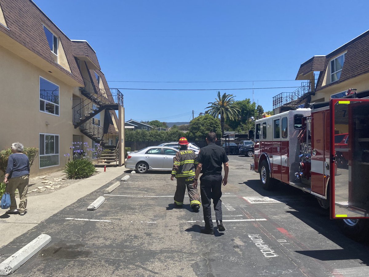SLOCityFire's tweet photo. Crews are on scene of a kitchen fire at a multi-dwelling complex, which was extinguished prior to arrival. Engine 2 is checking for possible extension and clearing the unit of smoke. All other units have been released. No reported injuries. #SLOcity #FireExtiguishers https://t.co/9EdSR033Bo