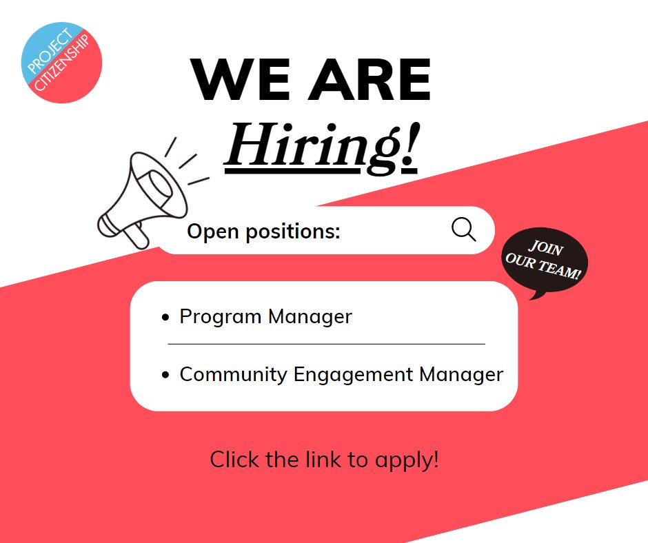 ProjCitizenship's tweet image. 📣 Join Our Team! We&apos;re hiring a Program Manager and Community Engagement Manager!
To apply for these exciting positions, please click the link below:
🔗 bit.ly/procitcareers🔗

#Hiring #BostonJobOpportunity #ProgramManager #CommunityEngagementManager #JoinOurTeam
