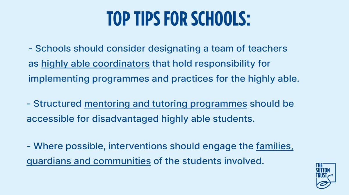 🔍 What can schools do to ensure that highly able pupils from disadvantaged backgrounds can fulfil their potential?

Our new research makes several recommendations - including early identification, provision of targeted support and family engagement ⤵️

buff.ly/46vzh4M