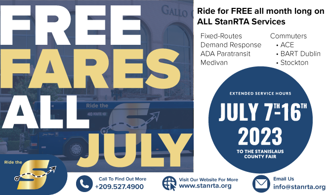 StanRTARideTheS's tweet photo. FREE FARES ALL JULY! Ride the S all month long! All services, including Fixed-Routes, ADA Paratransit, Demand Response and Commuters, are absolutely FREE! Save your gas and your cash!

#RidetheS #FreeFaresJuly https://t.co/UrhJJQSKSs