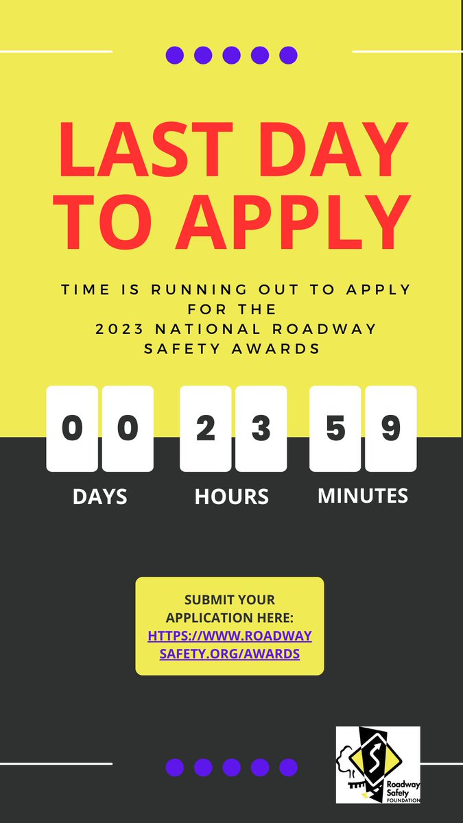 Roadway Safety Foundation (@roadwaysafetyfn) on Twitter photo Time is running out to submit your application for the National Roadway Safety Awards! <a href="/USDOTFHWA/">Federal Highway Admn</a> & @roadway_safety are accepting applications through, EOB tomorrow June 30, 2023. Learn more about the #RoadSafetyAwards23 at roadwaysafety.org/awards. Time is running out to submit your application for the National Roadway Safety Awards! <a href="/USDOTFHWA/">Federal Highway Admn</a> & @roadway_safety are accepting applications through, EOB tomorrow June 30, 2023. Learn more about the #RoadSafetyAwards23 at roadwaysafety.org/awards.