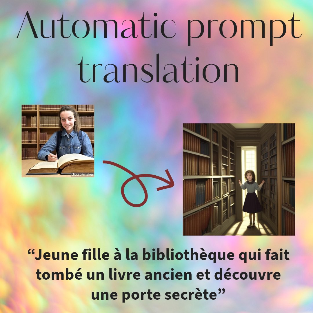 Automatic prompt translation is now live on Clio - come say hi, olá, ça va, привет!

clio.so/maker #stablediffusion