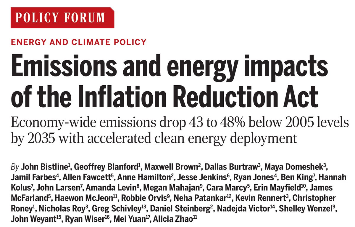 JEBistline's tweet image. New in Science: Our multi-model comparison of the Inflation Reduction Act looks at its emissions and energy system impacts, showing that economy-wide emissions may drop 43-48% below 2005 levels by 2035 with accelerated clean energy deployment.

science.org/doi/10.1126/sc…