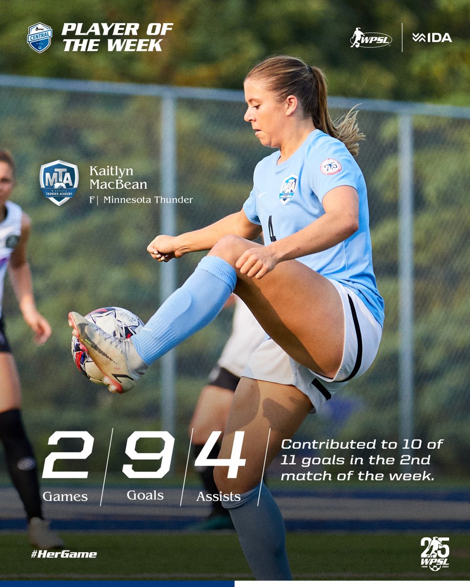 Kaitlyn MacBean is #WPSLCentral 𝗣𝗹𝗮𝘆𝗲𝗿 𝗼𝗳 𝘁𝗵𝗲 𝗪𝗲𝗲𝗸 for putting away 9 goals and 4 assists for @MNTHUNDACADEMY. MacBean continues to make a statement each week as she consistently finds the back of the net ⚽ 🐐
Presented by @idasportsco 

📸 @mlakephoto