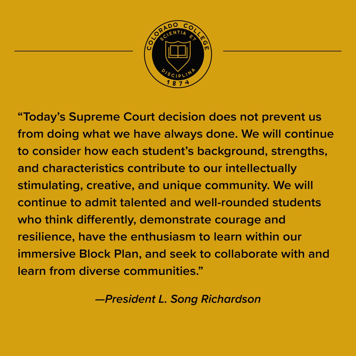 A statement from President L. Song Richardson and The President’s Cabinet regarding today's Supreme Court decision regarding race-conscious admissions policies. Read the full statement: 2cc.co/3NvJm9h