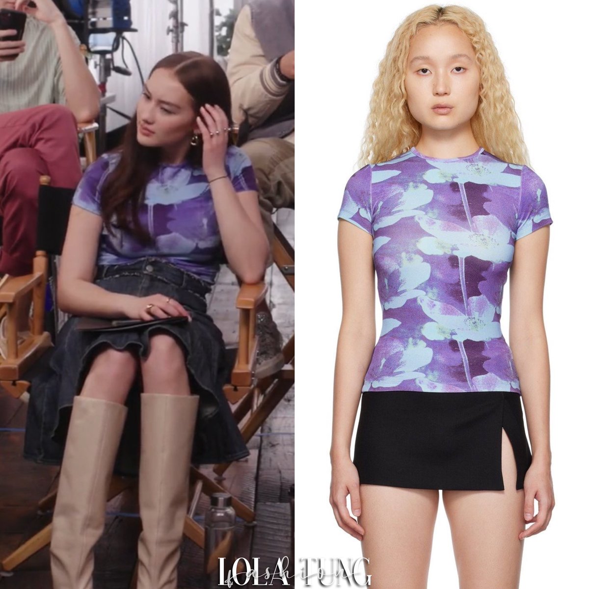Lola Tung wore the #Miaou 'Mini Tee' ($65 On Sale) and the 'Gaudi Skirt'  ($275). She was also possibly wearing the #MaguireShoes 'Lorca Cream Boot'  ($330) while promoting The Summer I Turned Pretty Season 2.