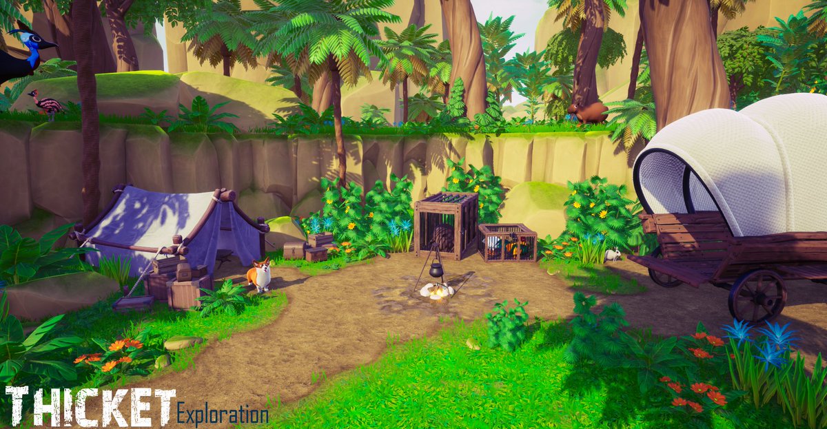 ThicketGames's tweet photo. Before you build your forever home you will want to travel &amp; find the perfect spot! It can get exhausting so make sure to setup a comfy camp!

When you're ready to move on you can easily pack up everything into your wagon &amp; head to your next destination! https://t.co/yKi4HyJor0