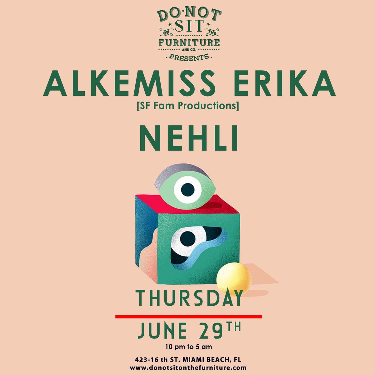Bringing her San Francisco vibes and love w her, tonight we welcome Alkemiss Erika along with Nehli💃❤️ Do Not Miss!

💃 Ladies have Free Admission until midnight 💃

Tickets 🎟️ linktr.ee/donotsit