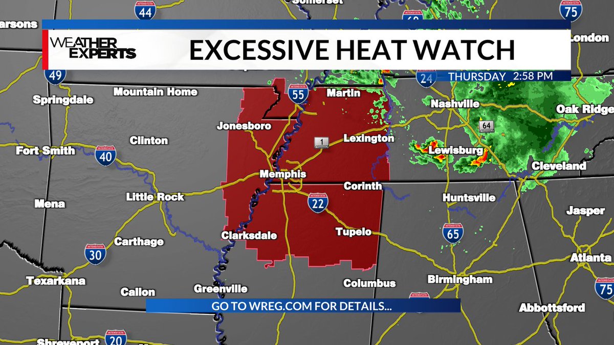 TSimpson_WREG3's tweet photo. A Excessive Heat Watch has been issued for some counties in the News Channel 3 viewing area until Jul 01 8:00PM CDT. Stay tuned into WREG TV for the latest weather information. #EXCESSIVEHEATWATCH https://t.co/13yGJwjlYi