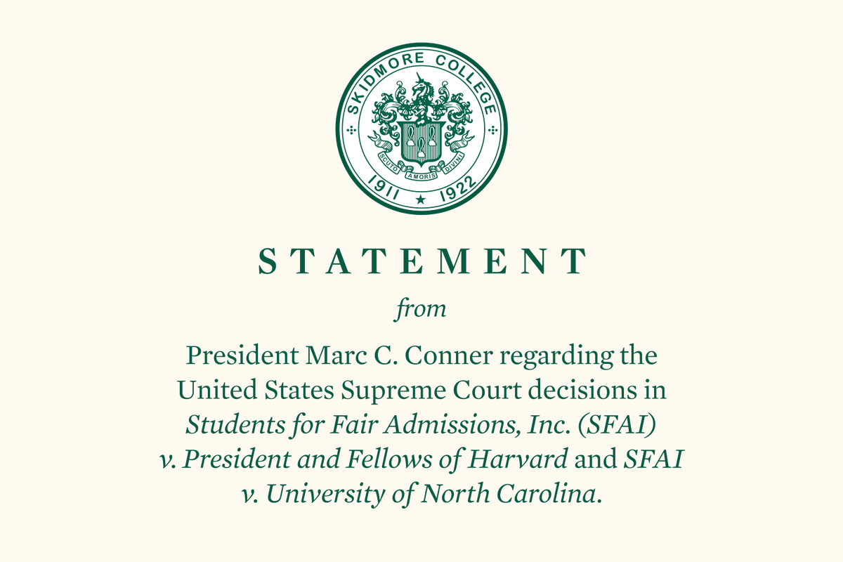 President Conner shared a message with the Skidmore community today regarding the Supreme Court's decision on race-conscious admissions and affirmed Skidmore’s continued commitment to diversity and inclusivity. Read the message here: skidmo.re/3Xw1Db0