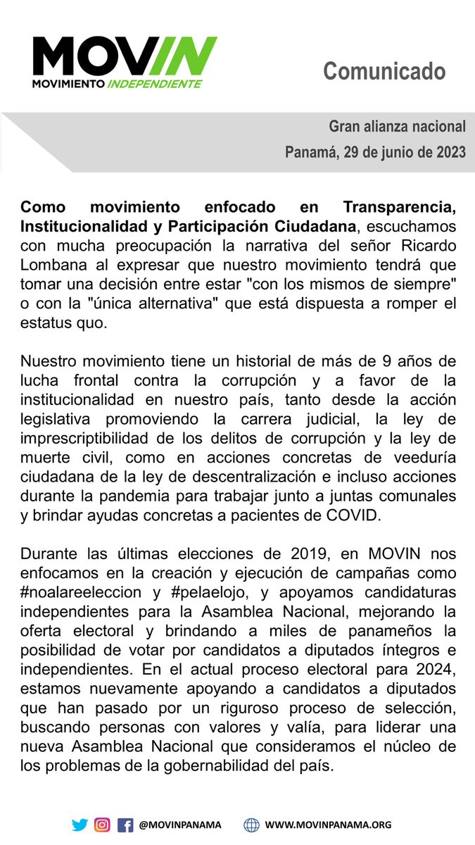 movinpanama's tweet image. Comunicado: gran alianza nacional
En MOVIN no creemos en opciones únicas, creemos en que la unidad se logra siendo inclusivos y teniendo claro los cambios que queremos lograr en nuestro país.