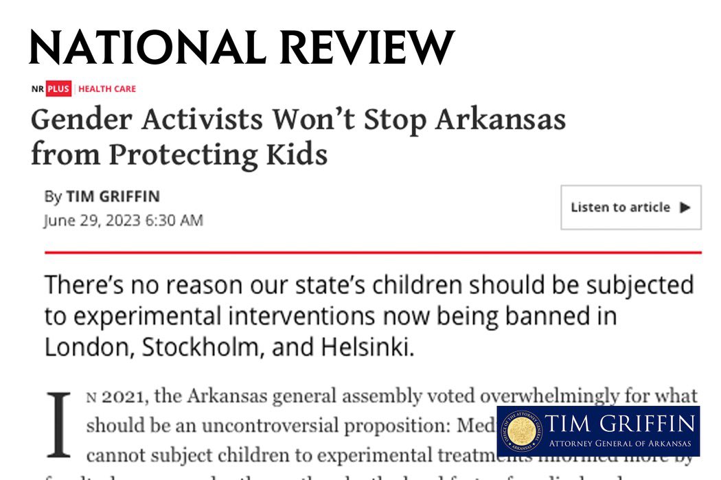 Gender activists won't stop Arkansas from protecting kids. @NRO published my op-ed about defending the SAFE Act and how I won't accept kids in Little Rock having fewer protections than kids in London. Read more here: tinyurl.com/5ea8snt4 #arpx #arnews
