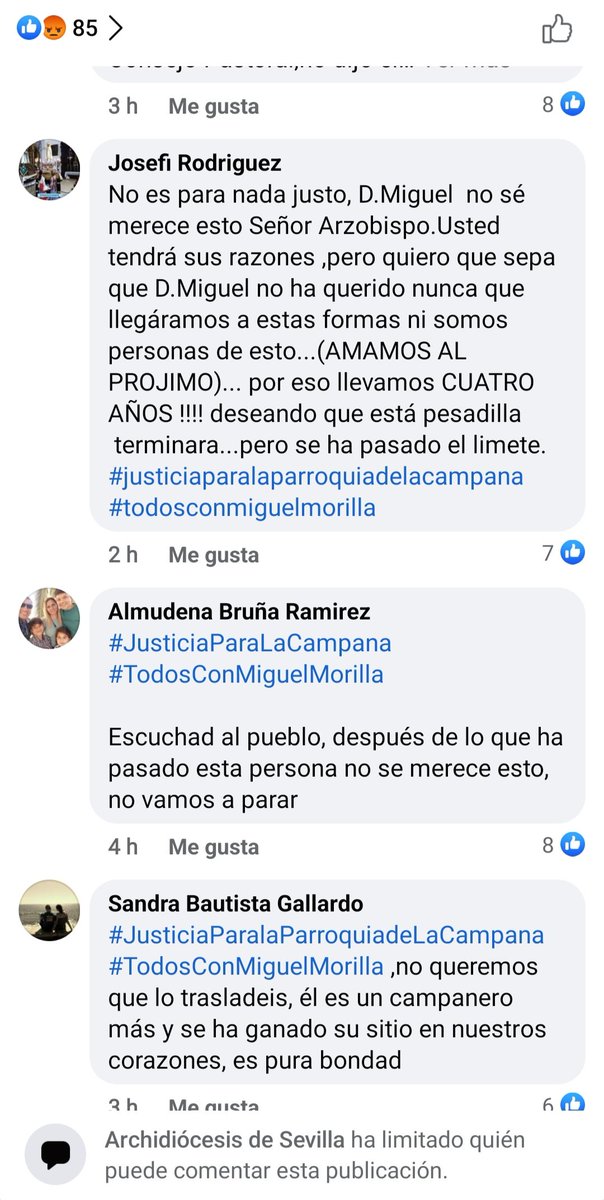 El perfil de Facebook de la <a href="/Archisevilla1/">Archidiócesis de Sevilla</a> ha prohibido más respuestas a este post debido a las críticas recibidas a razón del traslado del destino pastoral de Miguel Morilla, enviado hasta ahora a la localidad de La Campana.