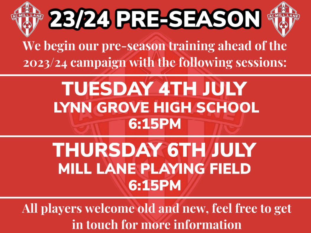 AC_Mill_Lane's tweet photo. Pre-season training for our adult side starts next week! 🏃⚽️

🔴⚫️ https://t.co/AN1oz8Olxg