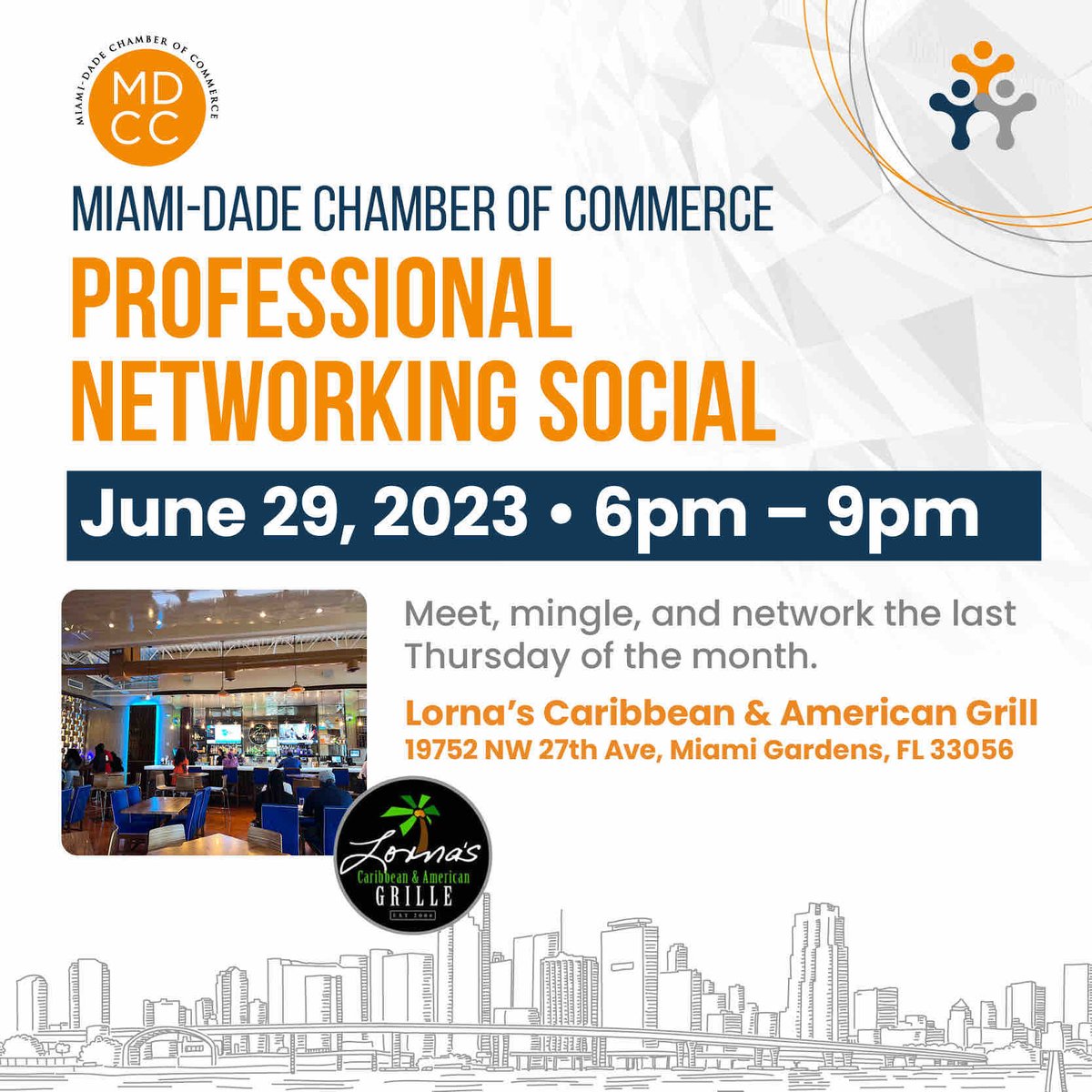 Rain or Shine!!!

Join us TONIGHT at our Professional Networking Social. Let’s mix and mingle with other professionals in our city.

Lorna’s Caribbean &amp; American Grille | Thursday, June 29, 2023 |  6:00 PM - 9:00 PM

#MDCC
#MixAndMingle
#Networking