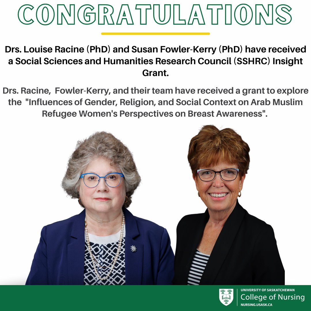 Congratulations to Professors Dr. Louise Racine (PhD) and Dr. Susan Fowler-Kerry (PhD) on being selected as the recipients of a SSHRC Insight Grant!

@usask @USaskResearch #USaskNursing #NursingResearch #GenderResearch #RefugeeResearch #IKnowANurse #WeAnswerTheCall