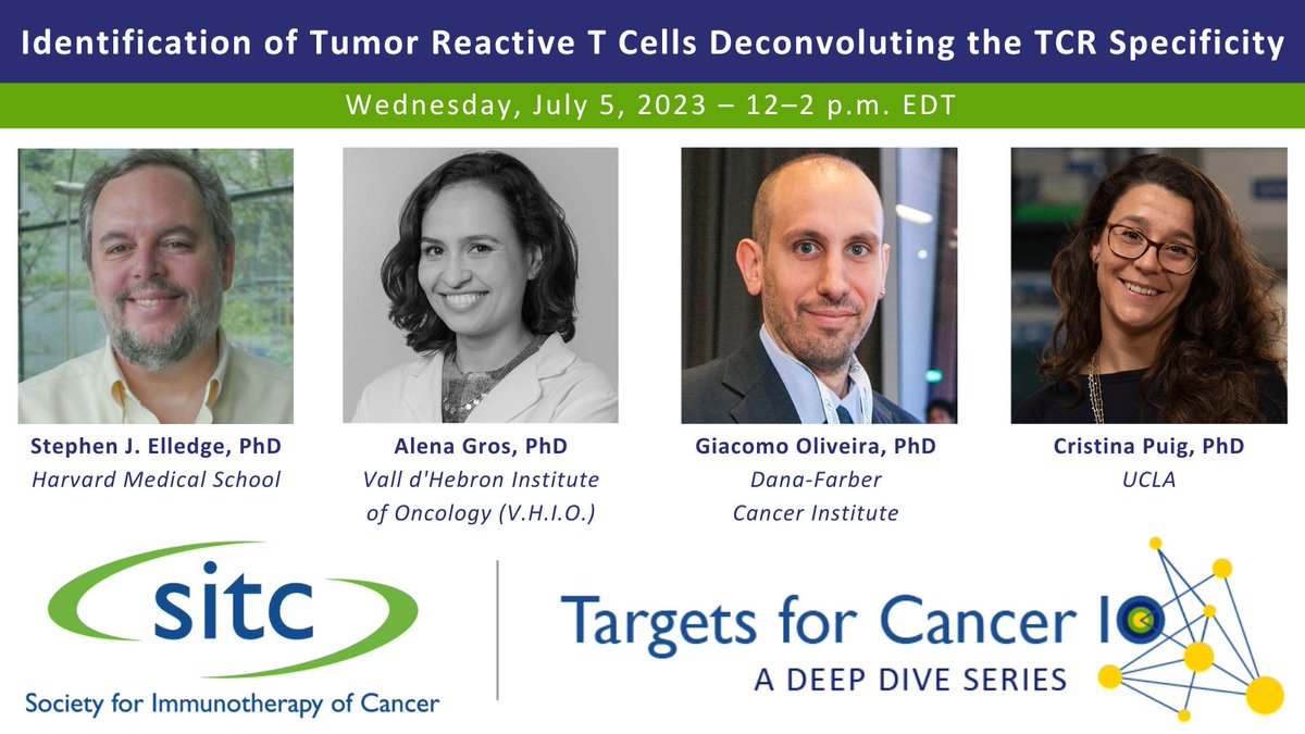 Register for Identification of Tumor Reactive T Cells - SITC Targets in Cancer IO: Deep Dive Series. Wed., July 5, 2023 - Faculty: <a href="/elledge_stephen/">Stephen Elledge</a> <a href="/harvardmed/">Harvard Medical School</a> <a href="/alena_grosvidal/">Alena Gros</a> <a href="/VHIO/">Vall d’Hebron Institute of Oncology (VHIO)</a> <a href="/OliveiraGiacomo/">Giacomo Oliveira</a> <a href="/DanaFarber/">Dana-Farber</a> <a href="/PuigSaus/">Puig-Saus Lab</a> <a href="/UCLA/">UCLA</a> - ow.ly/2UUJ50P0C8p