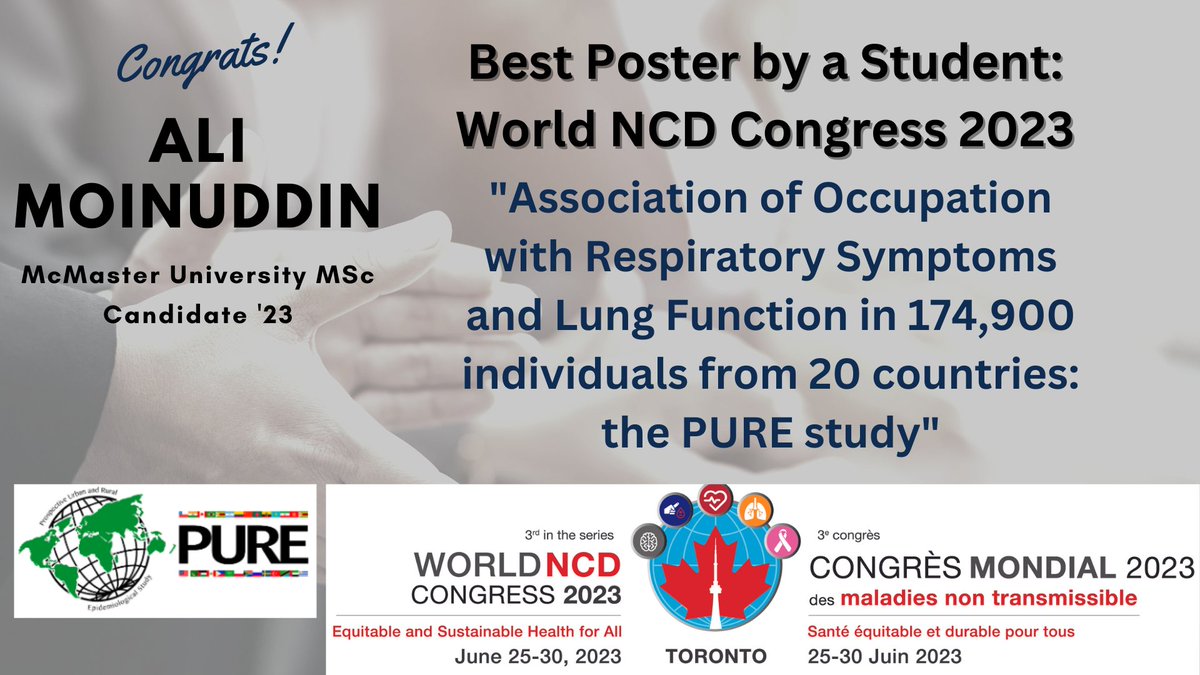 👏@Alimoinuddin_ MSc @HEI_mcmaster on winning Best Poster by a Student at the @ncd2023 #WNCD2023 for his poster:
🫁 'Association of #occupation with #respiratory symptoms and #lungfunction in 174,900 individuals from 20 countries in the #PUREstudy 
#epitwitter