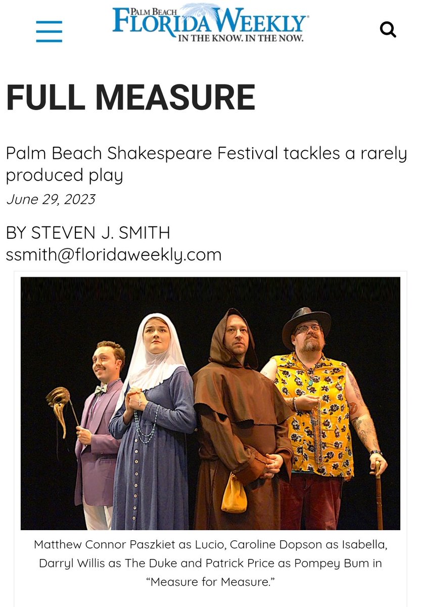One week away from the opening of "Measure for Measure!" Join us for the free, outdoor Shakespeare by the Sea event in Carlin Park, Jupiter (July 6-9 and 13-16) Check out today's feature in <a href="/FloridaWeeklyPB/">Florida Weekly PB</a> to get the inside scoop about this fascinating dark comedy.