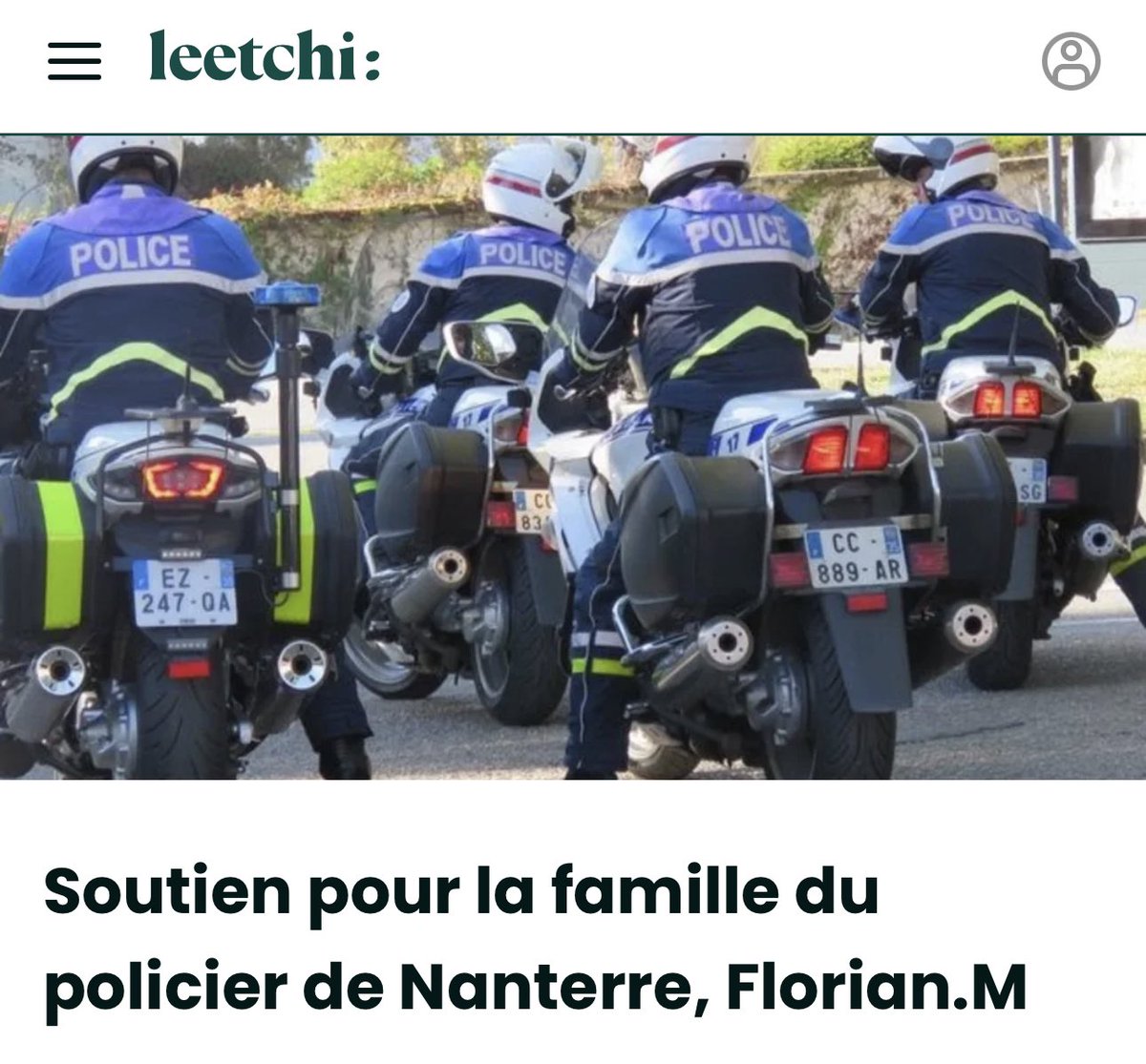 Je lance une cagnotte pour soutenir le policier Florian M. qui a fait son travail et qui paie aujourd’hui le prix fort.

Soutenez-le MASSIVEMENT et soutenez nos forces de l’ordre !

Montrons-leur de quelle côté est la France !

RT MASSIVEMENT SVP

leetchi.com/fr/c/soutien-p…