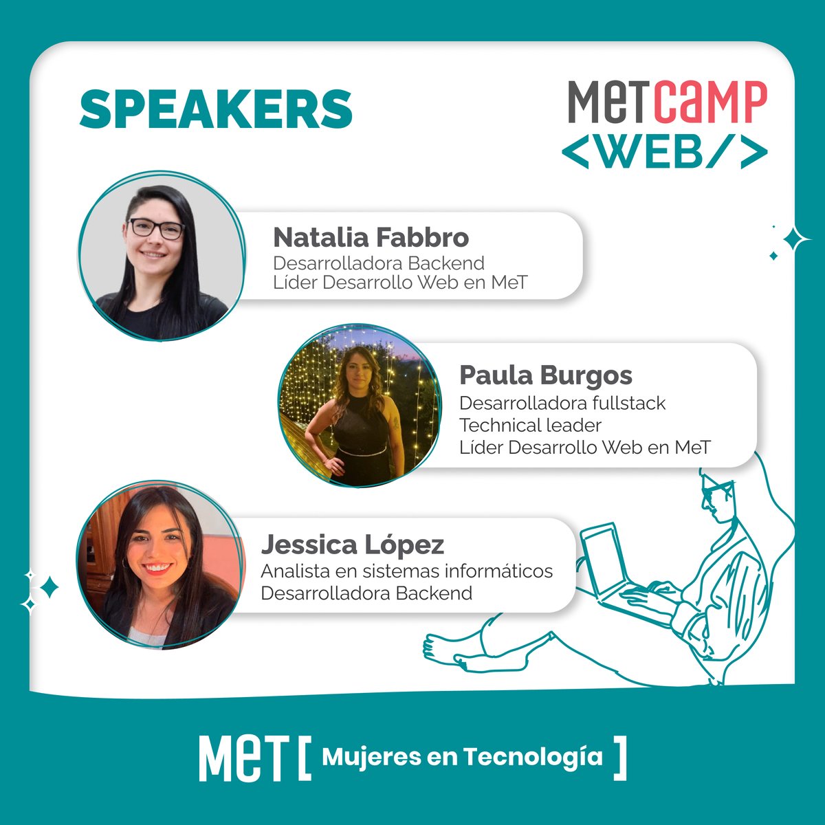 comunidadmet's tweet photo. ¡Conocé a las speakers del MeTCamp Web! 🚀⚡

Falta muy poco para que comiences la capacitación donde vas a potenciar tus habilidades de programación codeando en Java. Conocé a las speakers que liderarán este proceso de aprendizaje 👇🏽
➡️ Inscripciones: https://t.co/wjWU6rUSyK https://t.co/YJd0uVSKdn