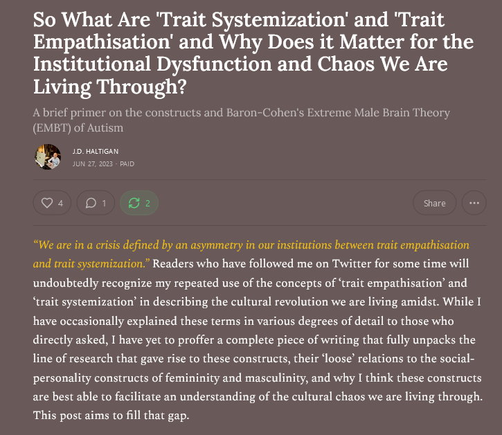 JDHaltigan's tweet photo. The detail in this thread on the SCOTUS AA decision couldn't be a more precise, clear, contemporary illustration of what I just wrote about. Compare the Justice positions along the lines of systemization & empathisation. Especially the delusional Jackson & Sotomayor dissents. https://t.co/AQehXOxMyF
