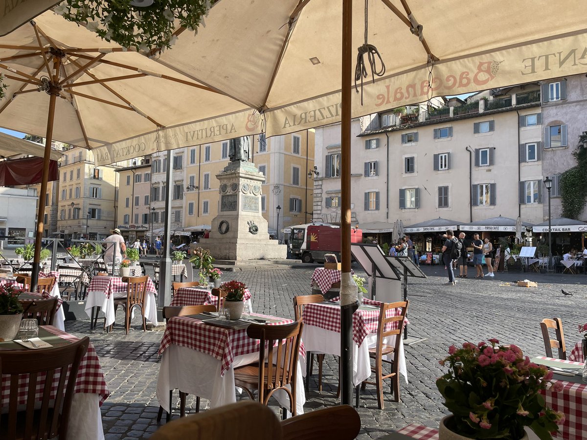 italymondo's tweet photo. Our adventure began with travel. We drove to BOS, then flew overnight to land in FCO bright and early CET. We relaxed and got dinner nearby at nearby Baccanale, with a view of Campo de Fiori. After 24+ hours of travel, we had to end the day with gelato. More adventures to come! https://t.co/6ECRZeprde