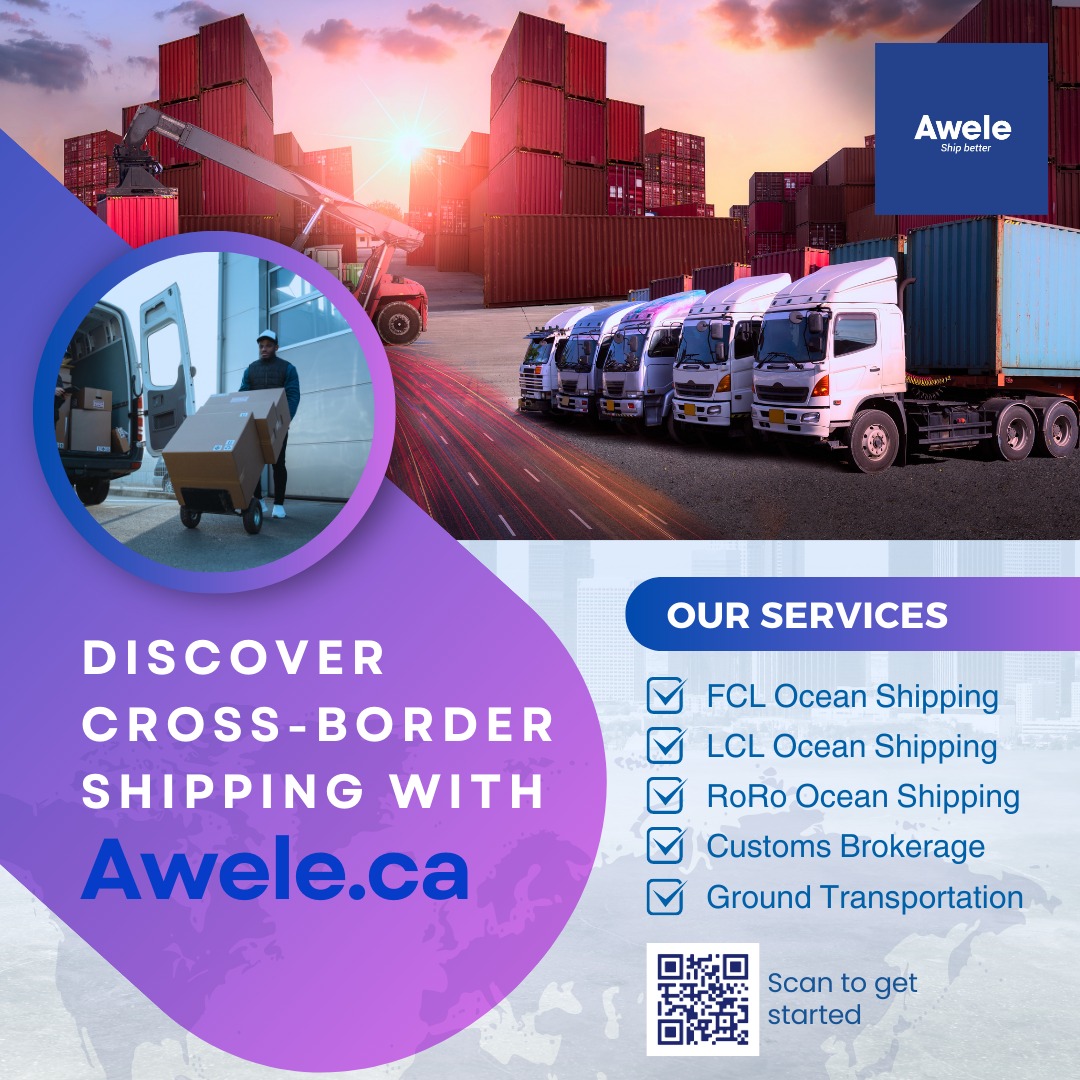 🌐 Discover Awele's top-notch shipping services! 🚢🔝
🌍 Ship your vehicles with confidence and ease using Awele.ca comprehensive services. #ShippingServices #Awele #FCL #LCL #RoRo #CustomsBrokerage #GroundTransportation