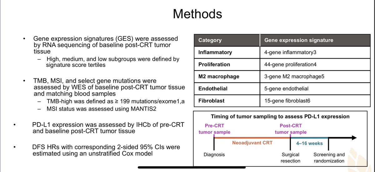 A privilege on behalf of the study team to report exploratory biomarkers from CM577 at #WCGIC2023 👉largest BM dataset in this setting 👉GES can predict benefit 👉DFS benefit across all mutations 👉XRT priming effect on PDL1 shown for 1st time @myESMO @bswhealth @sitcancer