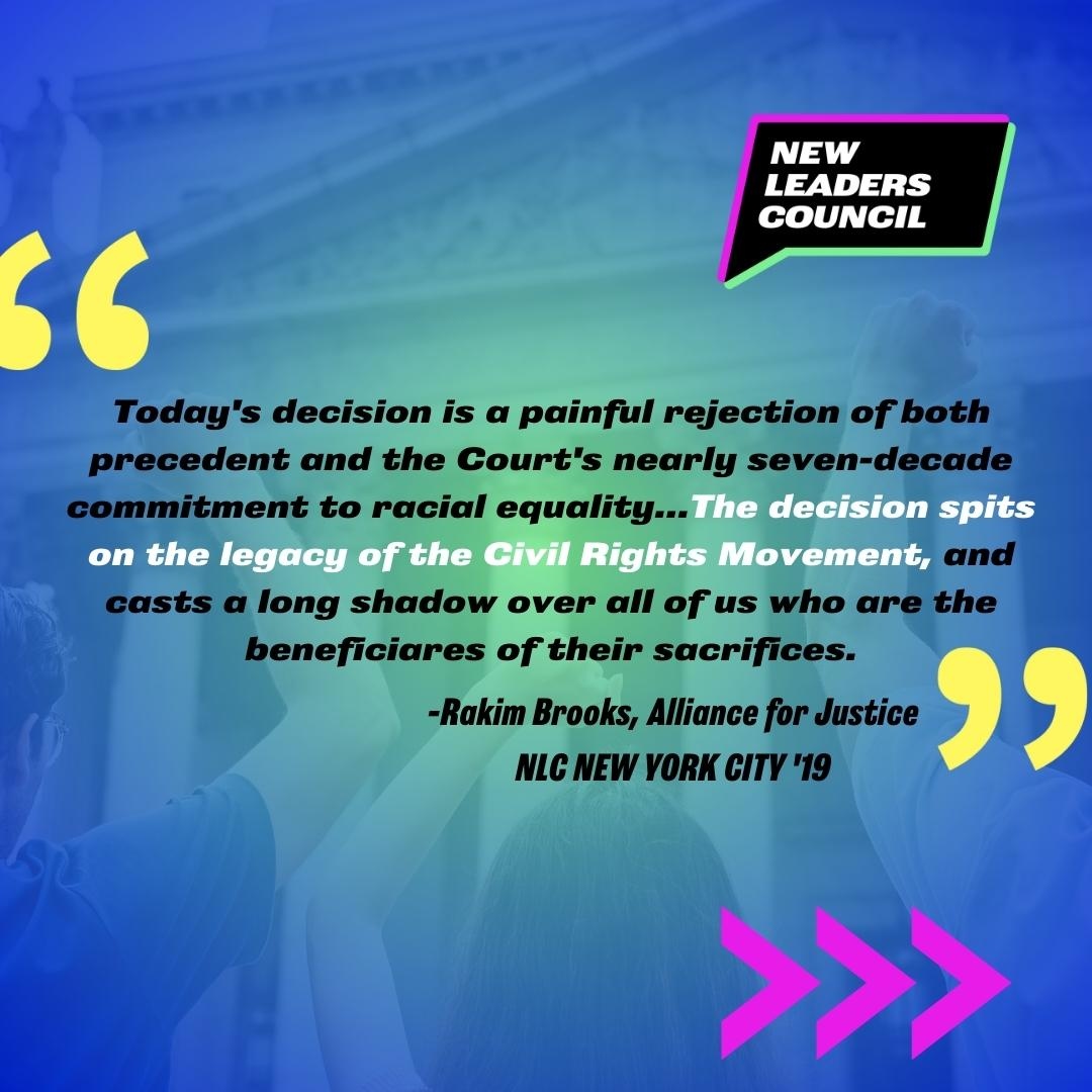 NLC's tweet photo. Today the SC effectively struck down affirmative action. Hear from NLC CEO Clare Bresnahan-English (NLC Washington DC 2012) and alums Rakim Brooks (NLC New York City 2019) and Maria Town (NLC Washington DC 2014) on how our movement for educational equity will not be stopped. https://t.co/cFZYFnBFtH