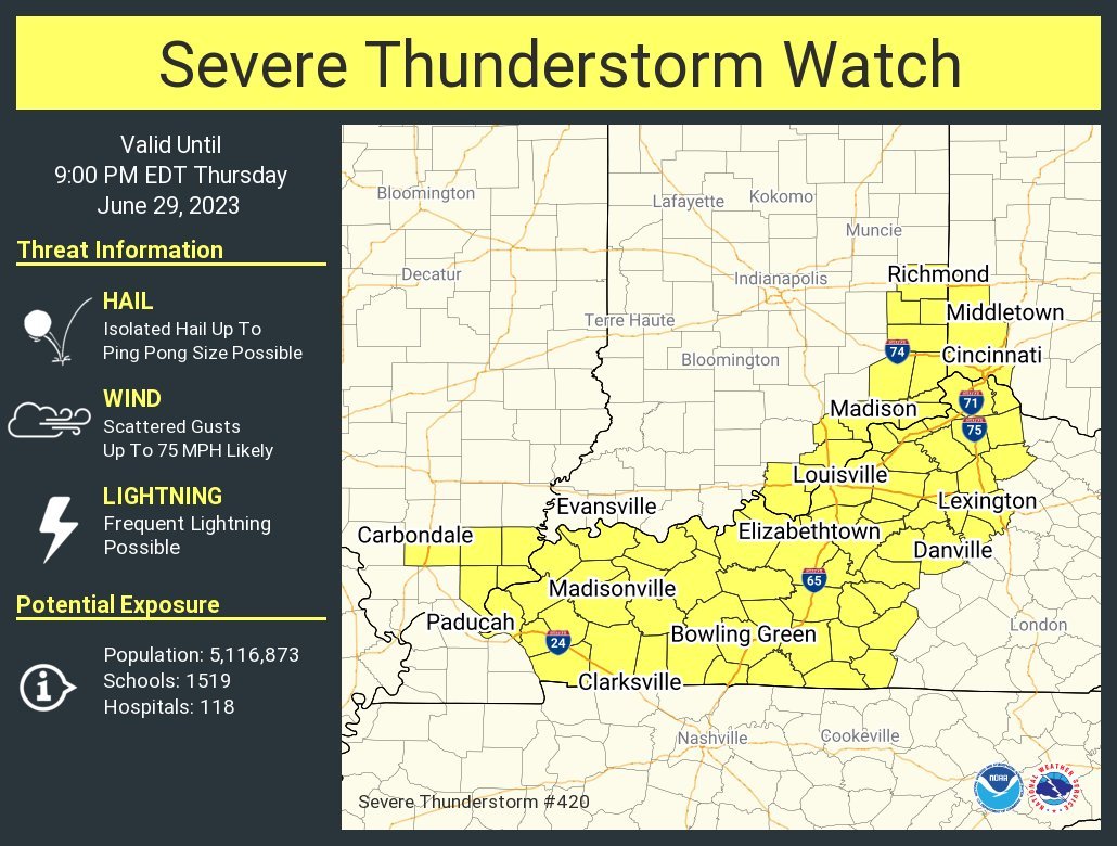 Severe Thunderstorm Watch until 9pm for much of central Kentucky. This includes Lexington, Louisville, Covington and Bowling Green. #kywx