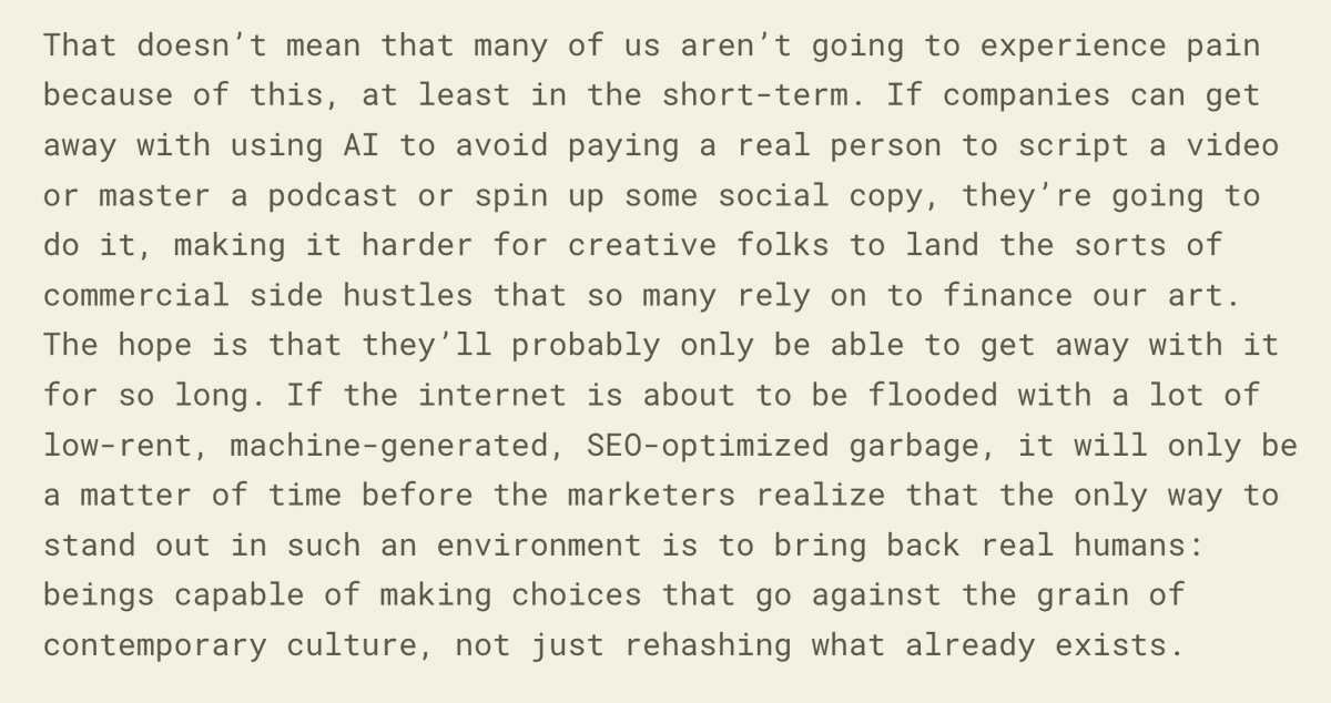 I wrote about the automaton fears creators are experiencing right now + why artists, not tech companies, will ultimately get to decide what the "future of creativity" will look like  

Honored to be asked to write something for <a href="/GODMODE_MUSIC/">godmode</a>'s new essay series!